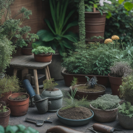 A cluttered garden block with overgrown plants, broken pots, and rusty gardening tools in the background, with a few new, shiny tools and a small potted plant in the foreground.