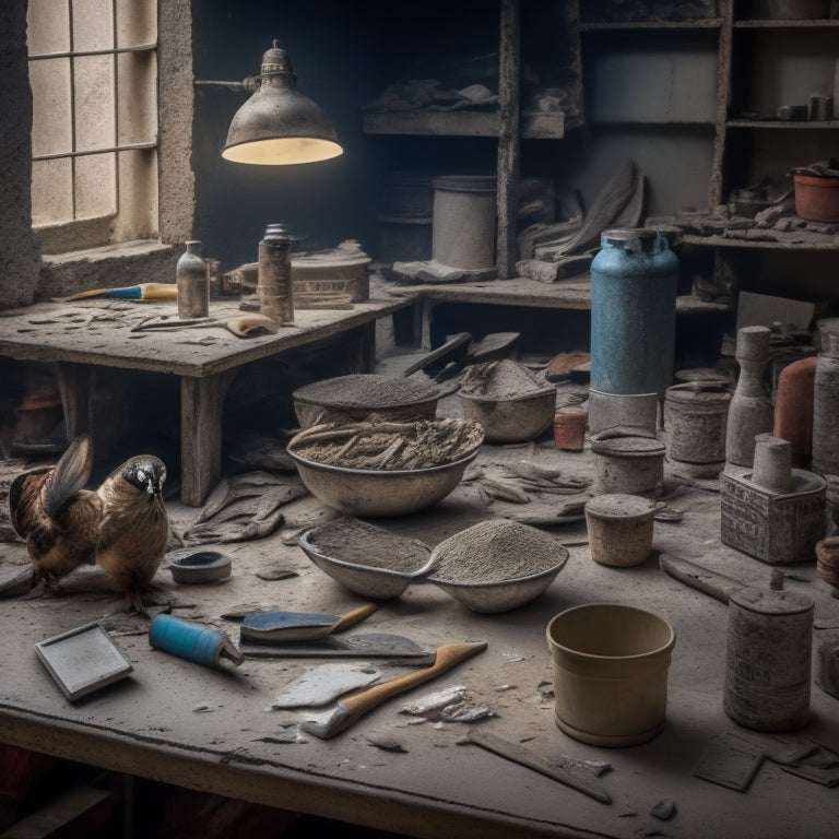 A cluttered, well-lit workshop table with a variety of plastering tools, including a hawk, trowel, joint knife, and putty knife, surrounded by scattered plaster dust and small piles of mixed plaster.
