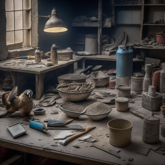 A cluttered, well-lit workshop table with a variety of plastering tools, including a hawk, trowel, joint knife, and putty knife, surrounded by scattered plaster dust and small piles of mixed plaster.