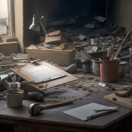 A messy room with half-demolished walls, scattered tools, and building materials in the background, with a wooden clipboard or tablet in the foreground, holding a partially completed checklist.
