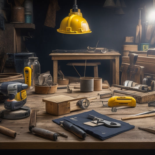 A cluttered workshop background with a centered, organized table featuring a cordless drill, level, tape measure, safety goggles, and a hard hat, surrounded by scattered renovation plans and tools.