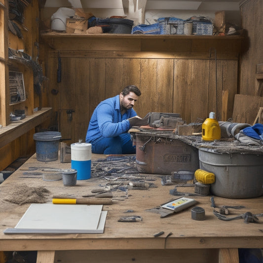 A tidy workshop with a DIY renovator surrounded by renovation materials, holding a tablet with a calculator app open, amidst a mess of caulk tubes, measuring tapes, and scattered renovation plans.