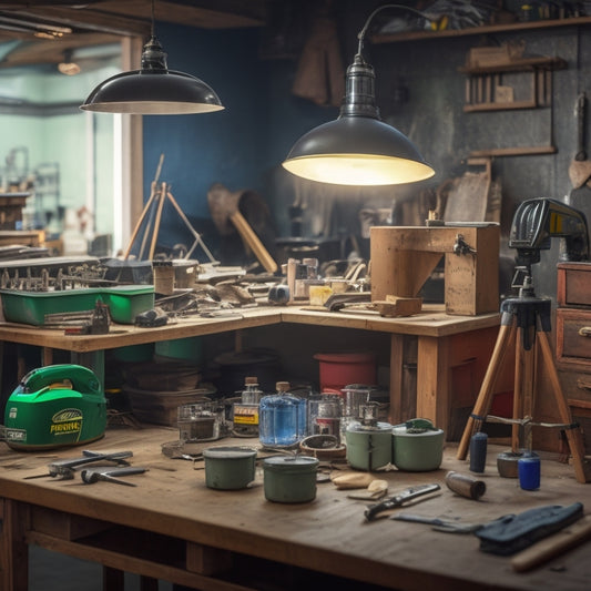 A cluttered workshop with various mixer types (stand, handheld, immersion) on a workbench, surrounded by renovation tools and materials, with a blurred background of a home under construction.