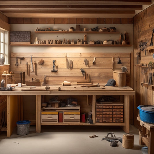 A clutter-free workshop with a wooden workbench, well-organized toolboxes, and a pegboard with hung tools, surrounded by a few scattered woodworking shavings and a faint smell of sawdust.