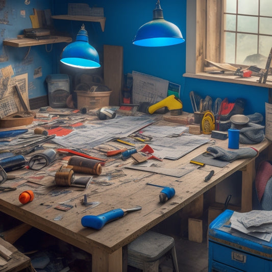 A cluttered workspace with scattered blueprints, a partially demolished wall, and various tools like hammers, drills, and saws surrounding a permit board with colorful tabs and ribbons.