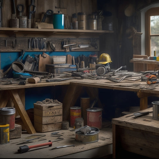 A cluttered workbench with various tools and gadgets scattered around, featuring a drill, level, tape measure, and hammer prominently, surrounded by stacks of lumber and paint cans in the background.