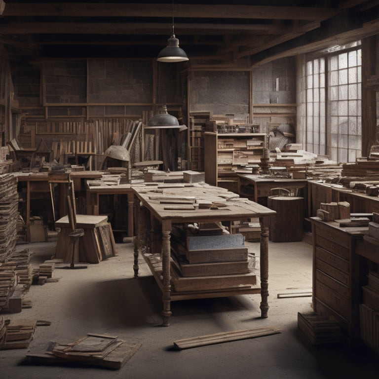 An organized workshop with a large wooden desk in the center, surrounded by stacks of various building materials, such as lumber, pipes, and tiles, with a calculator and blueprints nearby.