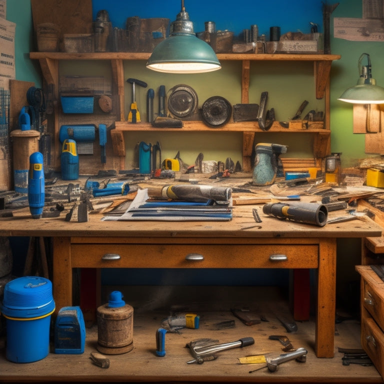 A cluttered workbench with various renovation tools, including a cordless drill, level, tape measure, wrench, and hammer, surrounded by scattered blueprints, scattered screws, and a partially disassembled kitchen cabinet.