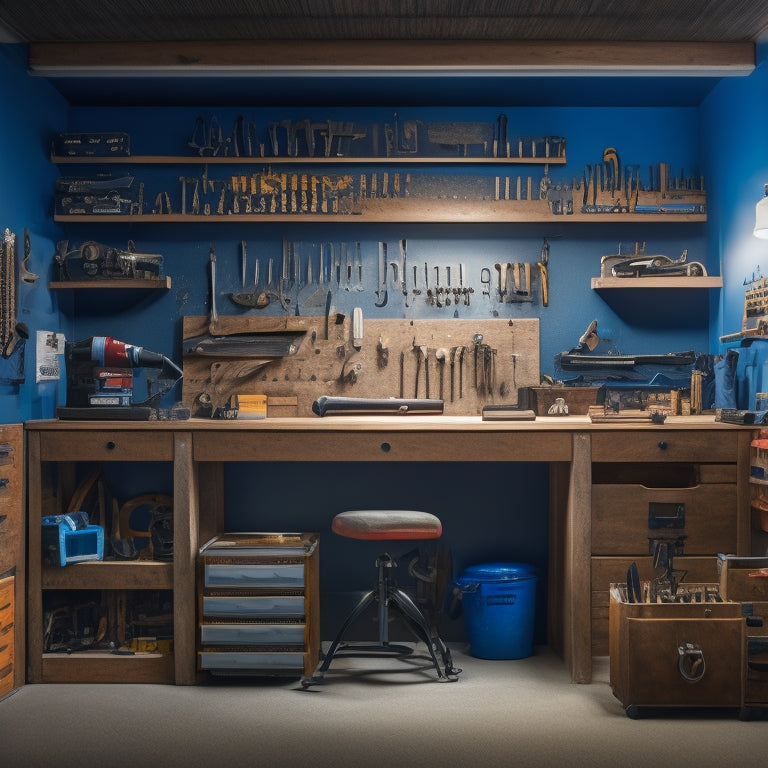 A well-lit, organized workshop with a pegboard displaying neatly arranged power tools, a toolbox with labeled drawers, and a workbench with a few strategically placed renovation tools, surrounded by a tidy floor.
