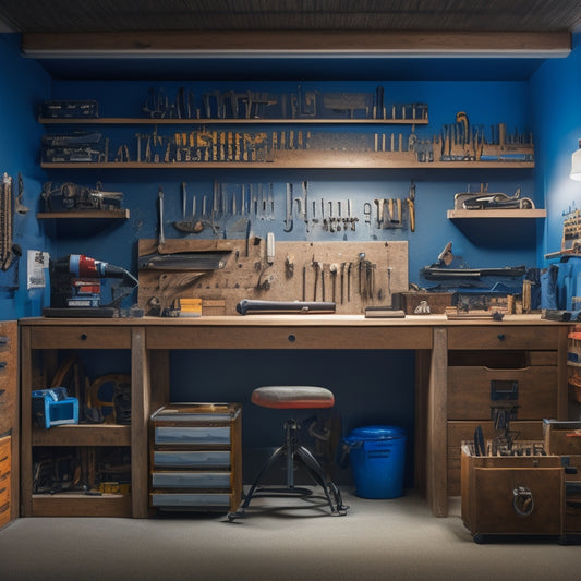 A well-lit, organized workshop with a pegboard displaying neatly arranged power tools, a toolbox with labeled drawers, and a workbench with a few strategically placed renovation tools, surrounded by a tidy floor.