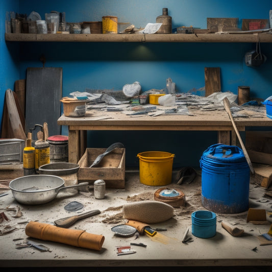 A cluttered workshop table with a variety of tools scattered around, including a putty knife, joint compound bucket, sandpaper, trowel, and drill, surrounded by patches of drywall and plaster scraps.