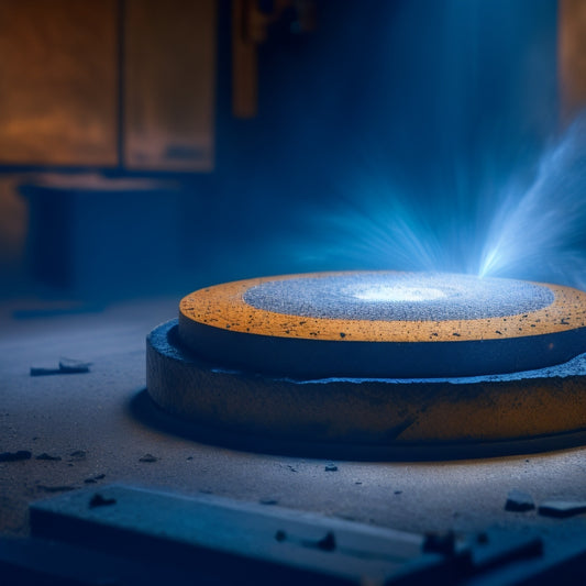 A close-up shot of a diamond blade saw cutting through a concrete slab, with sparks flying and a faint mist of water surrounding the blade, set against a darkened workshop background.
