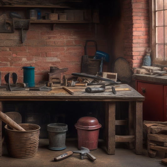 A cluttered workbench with a mix of new and worn hand tools, including a trowel, level, jointer, and hammer, surrounded by blocks, mortar, and scattered dust, with a subtle background of a renovated brick wall.