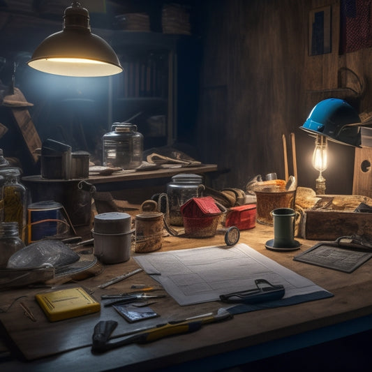 A cluttered, dimly lit home renovation workspace with scattered tools, wires, and debris, contrasted with a tidy, well-organized area featuring a clipboard with a checklist, a hard hat, and a first-aid kit.