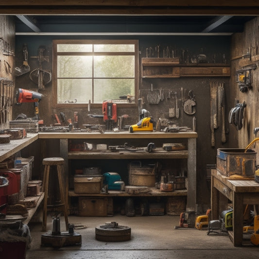 A cluttered but organized garage or workshop with various tools and equipment, including a cordless drill, impact driver, circular saw, level, tape measure, and a small table saw, arranged on shelves and workbenches.