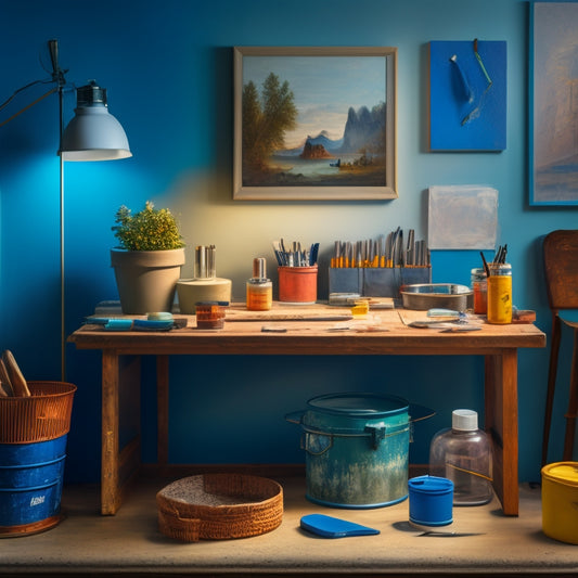 A well-lit, organized workspace with a painter's toolkit: a sturdy paint tray with a removable, crinkled liner, surrounded by fresh paint cans, brushes, and a half-painted wall with a subtle sheen.