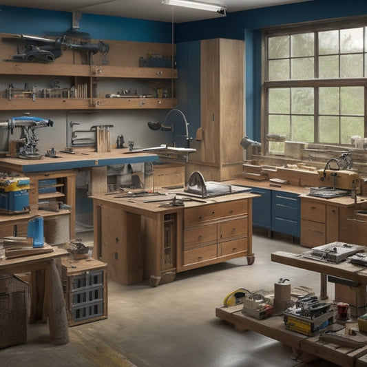 A clutter-free workshop with a central island, surrounded by neatly organized toolboxes and shelves, featuring a prominent table saw, circular saw, and drill press, amidst a backdrop of renovation blueprints.