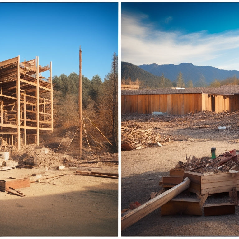A split-screen image: a cluttered construction site with discarded materials on one side, and a serene, sustainable renovation site with reclaimed wood, bamboo, and solar panels on the other.