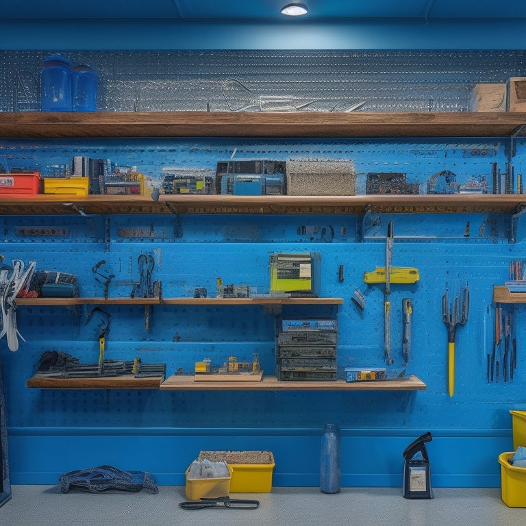 A clutter-free workshop with a pegboard on the wall, holding a mix of wrenches, pliers, and screwdrivers, and a neighboring shelf with stacked plastic bins labeled with color-coded stickers.