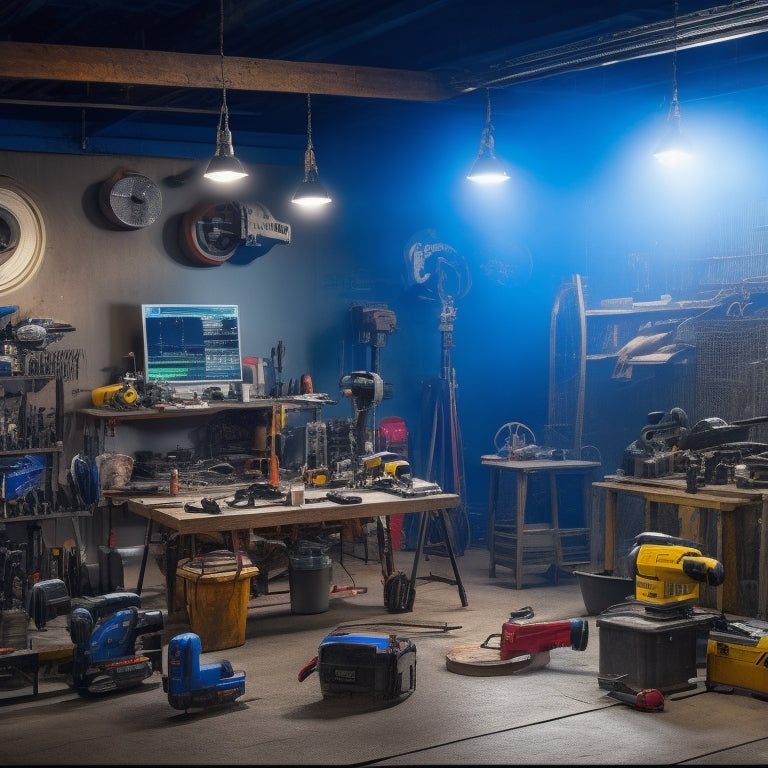 A cluttered workshop background with various power tools and equipment scattered around, overlaid with digital screens showcasing multiple online tool rental platforms and websites.