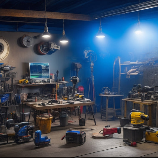 A cluttered workshop background with various power tools and equipment scattered around, overlaid with digital screens showcasing multiple online tool rental platforms and websites.