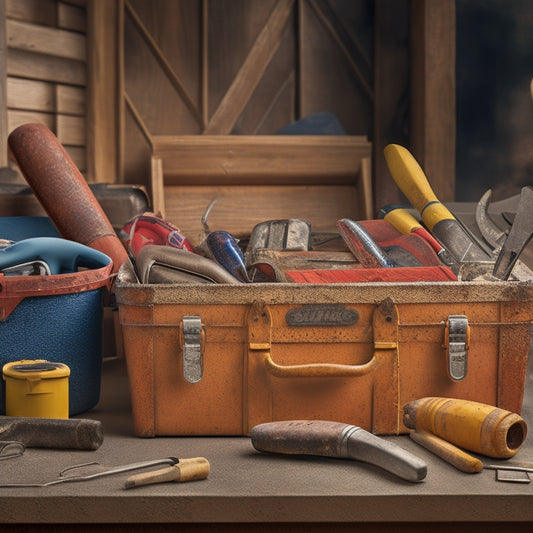 A toolbox overflowing with hand tools, surrounded by renovation debris, with a subtle background of a construction site and a faint image of a safety helmet and goggles.