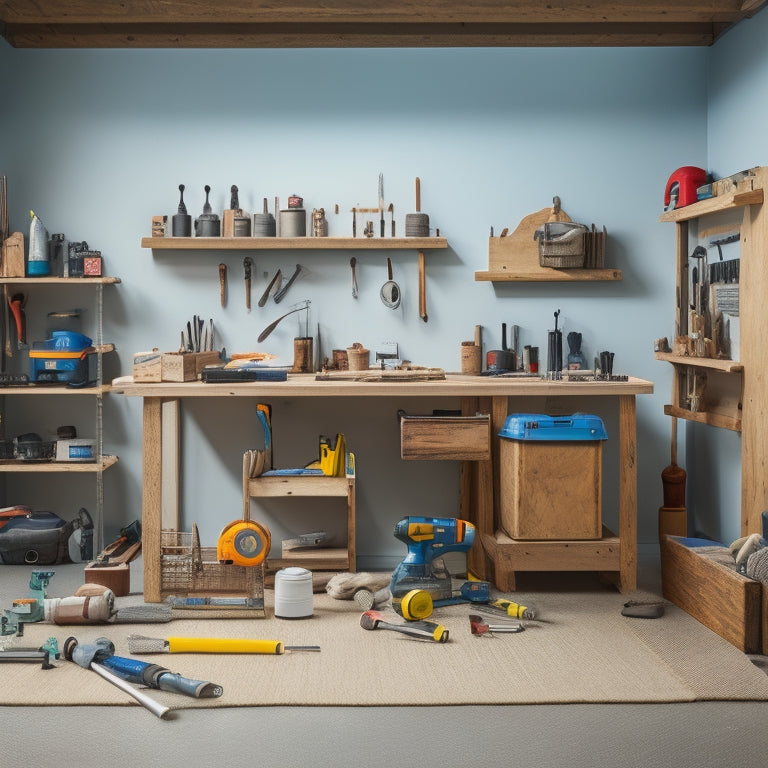 A clutter-free workshop with a wooden workbench, surrounded by neatly organized essential tools, including a cordless drill, level, tape measure, and a bucket of paint, against a clean white background.