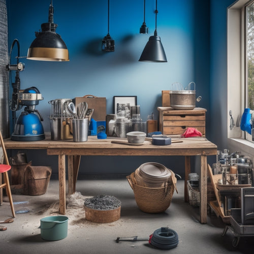 A cluttered but organized home renovation workspace with a variety of affordable mixing equipment, including a portable cement mixer, a hand mixer, and a mixing bucket with a drill attachment.