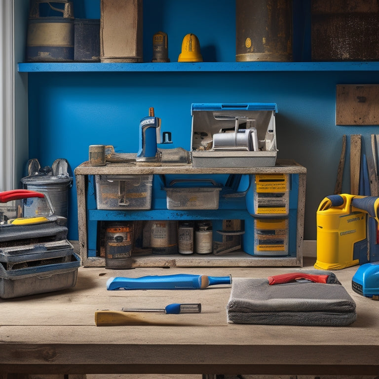An organized toolbox with a mix of power tools and hand tools, surrounded by renovation materials like drywall, paint cans, and flooring samples, set against a background of a half-renovated room.
