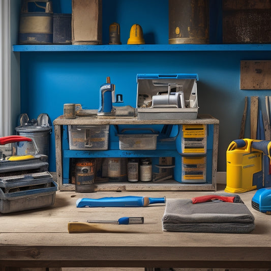 An organized toolbox with a mix of power tools and hand tools, surrounded by renovation materials like drywall, paint cans, and flooring samples, set against a background of a half-renovated room.