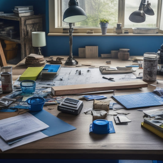 A cluttered home renovation workspace with scattered blueprints, paint swatches, and various materials; a calculator and a budget notebook sit atop a wooden workbench amidst the chaos.