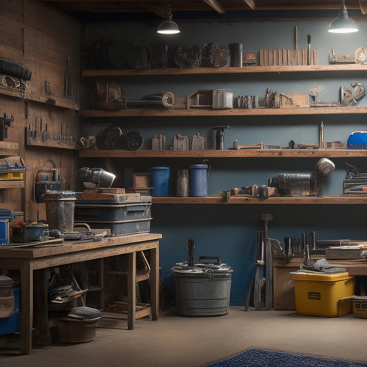 A cluttered garage or workshop with various toolboxes, scattered DIY materials, and a few drilling tools in the background, with a prominent, empty shelf or hook, emphasizing the need for rented tools.