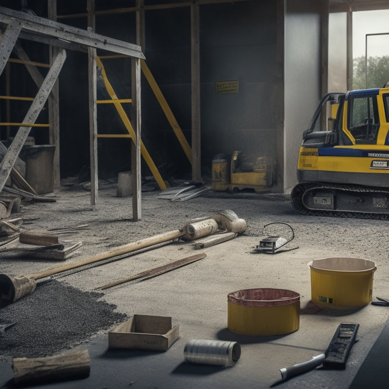 A cluttered construction site with a hammer, drill, and saw scattered on the floor, surrounded by caution tape and warning signs, with a faint outline of a house in the background.