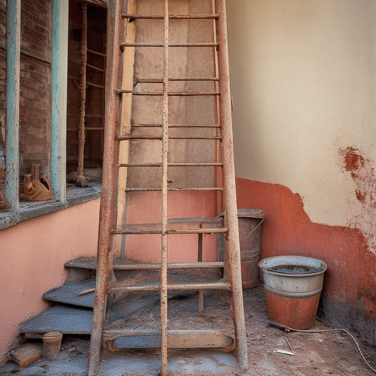 A worn, rusty ladder leaning against a peeling, faded house exterior, with a few rungs missing, surrounded by scattered renovation tools and debris, amidst a subtle background of broken tiles and cracked walls.