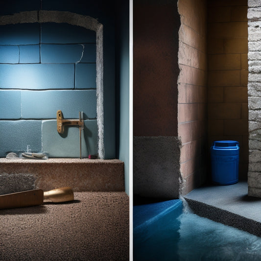 A split-screen image featuring a cracked concrete block wall with water seeping through on one side, and a renovated wall with a waterproofing membrane applied on the other, with various tools and materials scattered in the foreground.