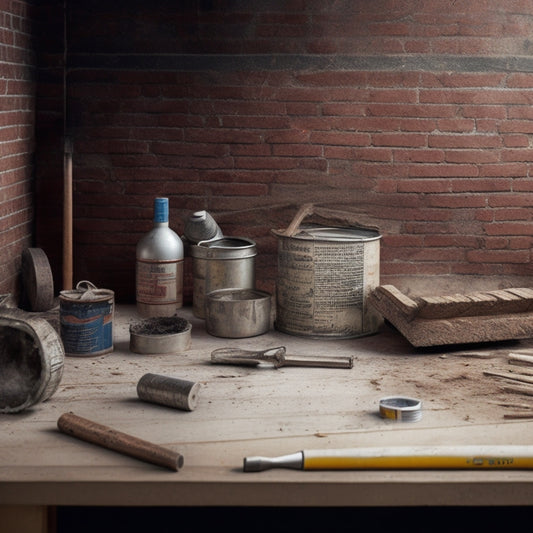 A calendar with torn-out pages and scattered tools, including a hammer, level, and drill, surrounded by renovation materials like bricks, pipes, and paint cans, with a subtle background of a partially renovated room.