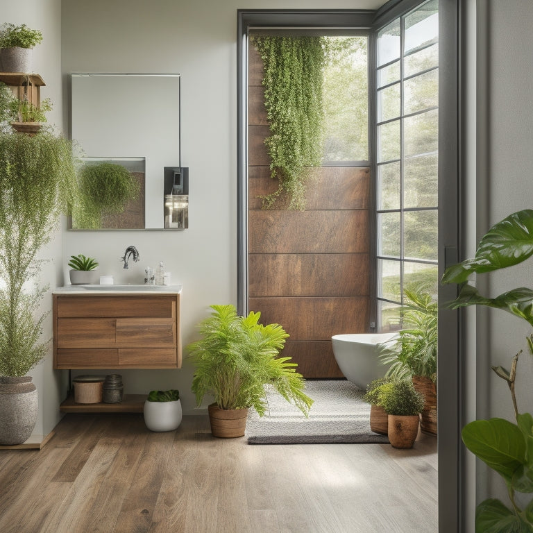 A minimalist living room with reclaimed wood flooring, a zero-VOC painted wall, a plant-filled windowsill, and a low-flow showerhead visible through an open bathroom door, surrounded by lush greenery outside.
