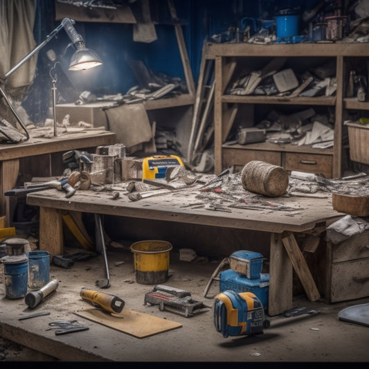 A cluttered workbench with scattered tools and DIY demolition equipment, including a sledgehammer, pry bar, and demolition saw, surrounded by torn drywall, broken tiles, and scattered debris.