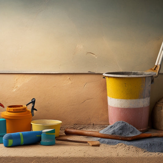 A cracked concrete wall with a bucket of patching compound, trowel, and safety goggles nearby, surrounded by scattered DIY tools and a faint outline of a home renovation blueprint in the background.
