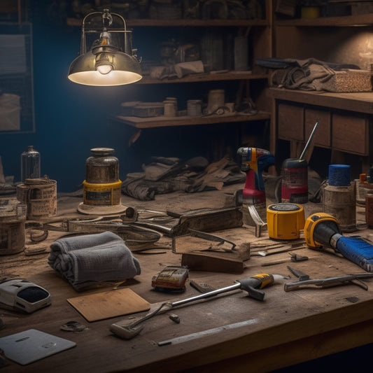 A cluttered, well-lit workshop table with a variety of renovation tools, including a cordless drill, level, tape measure, and wrench, surrounded by materials like plywood, drywall, and bundles of wire.