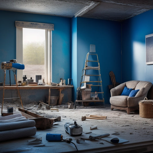 A clean and modern living room with a partially demolished wall, surrounded by renovation tools and materials, featuring a level, a cordless drill, and a bucket of joint compound prominently.