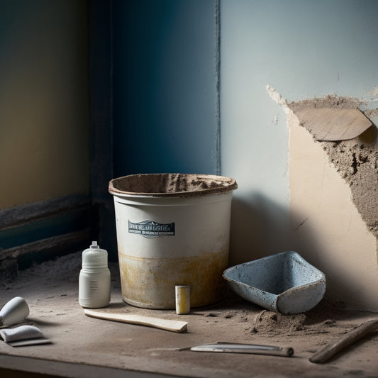 A cracked wall with a bucket of spackling compound, putty knife, and various repair tools scattered around, with a subtle background of a renovated home under construction.