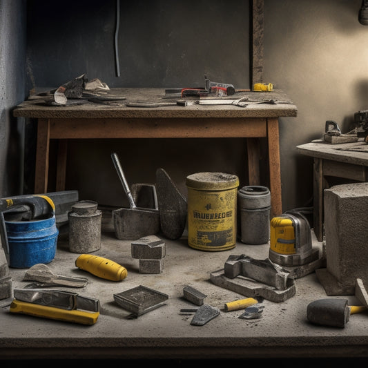 A cluttered workbench with various concrete block tools from different brands, such as a Marshalltown trowel, a DeWalt drill, and a Bon Tool edger, surrounded by concrete blocks and renovation debris.