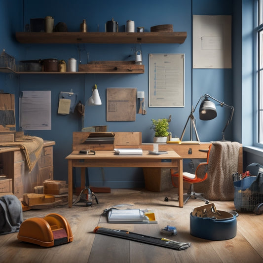 A clutter-free, well-lit workspace with a hammer, tape measure, safety goggles, and a checklist on a clipboard, surrounded by subtle hints of renovation (e.g., paint swatches, flooring samples).