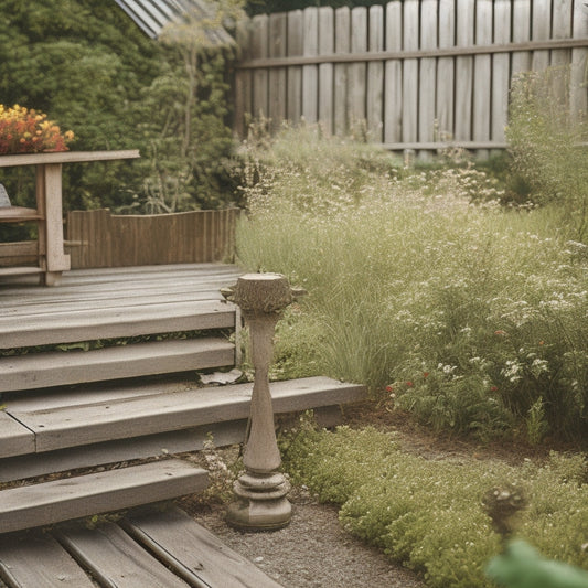 A worn wooden deck with crumbling railings, loose boards, and rusty screws, set against a backdrop of a neglected yard with overgrown plants and a faded outdoor furniture.