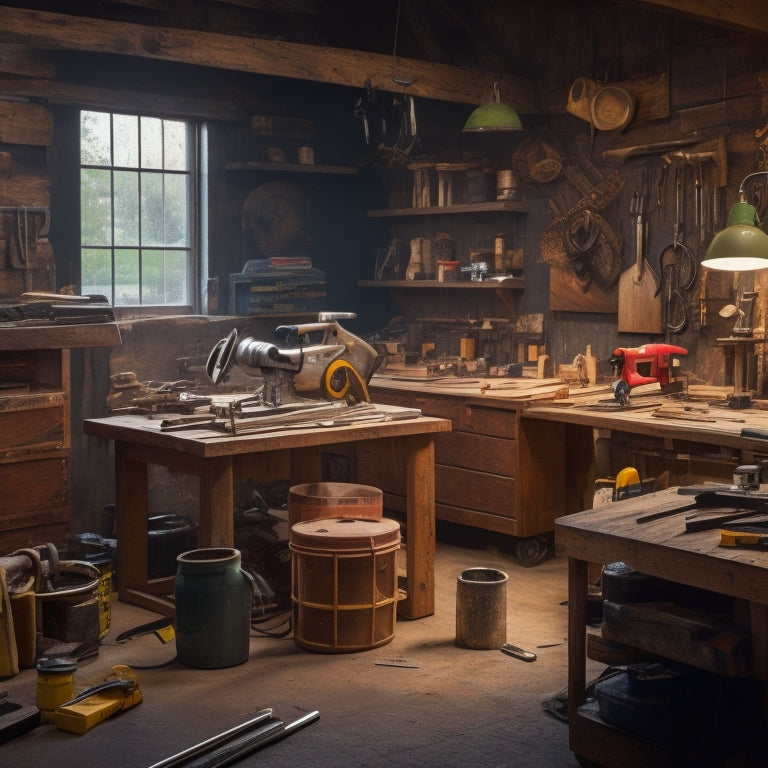 A cluttered, well-lit workshop with a variety of tools scattered on a wooden workbench, including a circular saw, drill press, tape measure, level, and a bucket of flooring materials in the background.