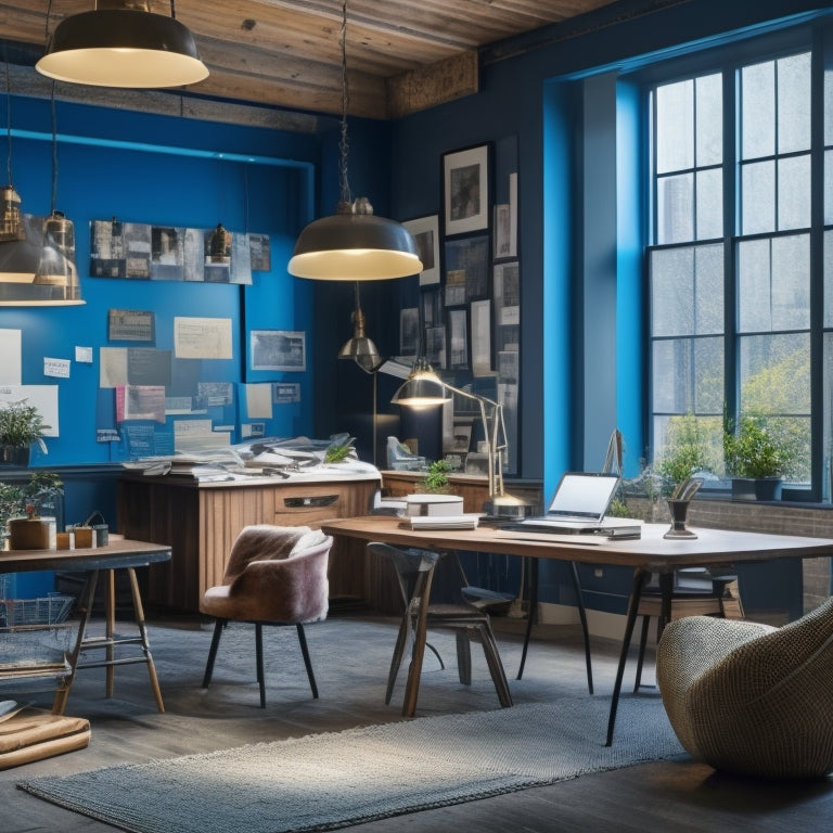 A serene, well-lit interior space with a large, wooden desk in the center, surrounded by rolled blueprints, scattered paint swatches, and a few scattered interior design magazines.