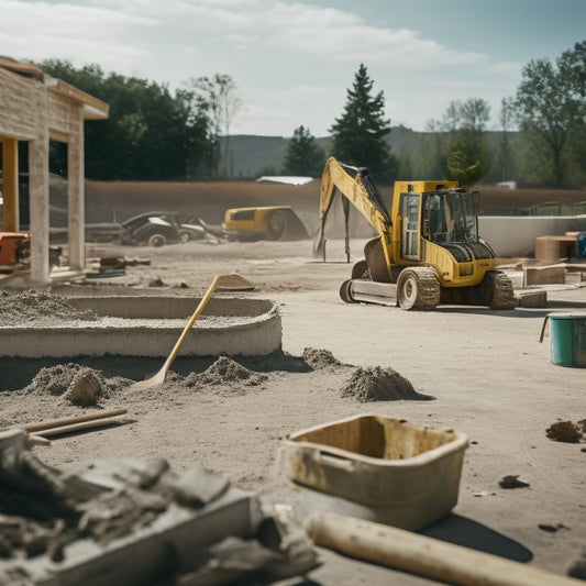 A messy construction site with a half-laid concrete slab, scattered tools, and a few concrete rakes of varying sizes and types in the foreground, with a blurred background of a renovating house.