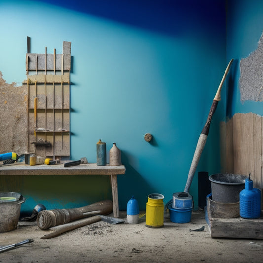 A messy wall with cracks, holes, and peeling paint, surrounded by various tools and materials like putty knives, joint compound, sandpaper, and a level, with a faint outline of a renovated wall in the background.