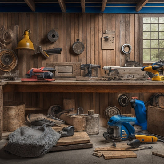 A cluttered workshop background with a mix of wooden planks, wall cladding samples, and power tools scattered around, including a circular saw, drill, and impact driver, with a renovated wall cladding section in the center.
